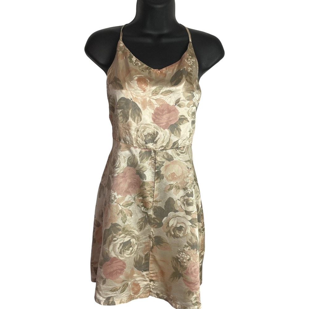 Vintage CTME Womens Floral Dress Size L Beige Satin Strappy Cross Back Mini